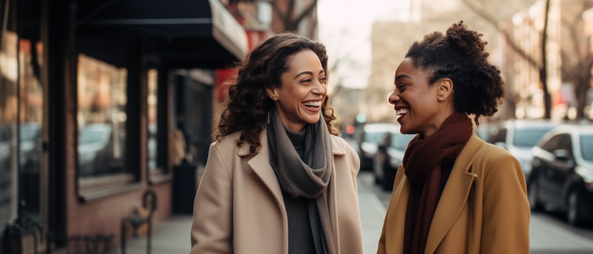 Two women laughing as they walk on the street