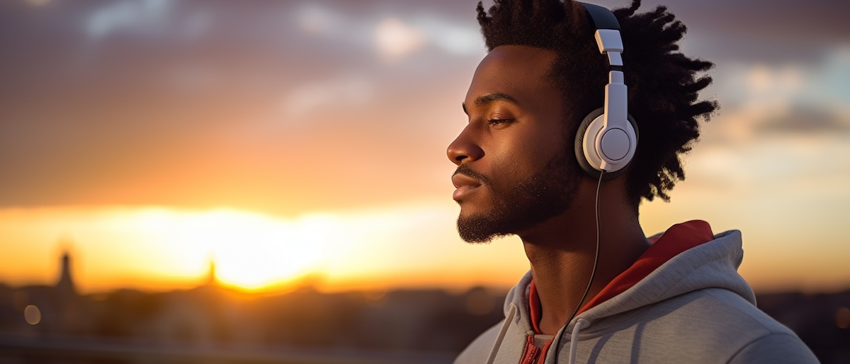 A man listening with headphones in front of a sunset